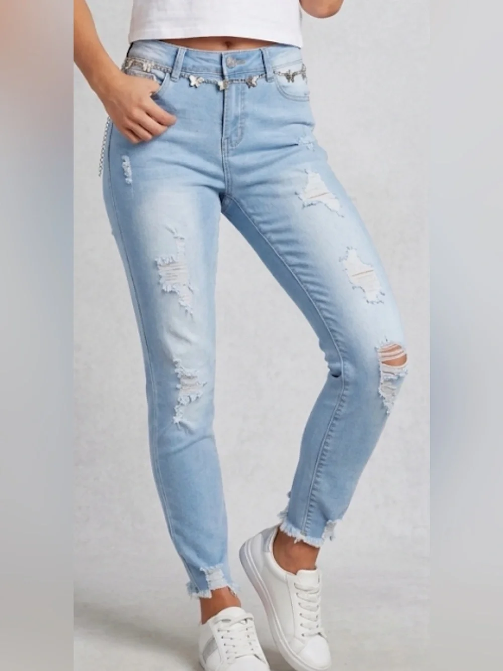 Celebrity Ace High Rise Skinny Ankle Jeans Size 9/29 Distressed Butterfly Chain